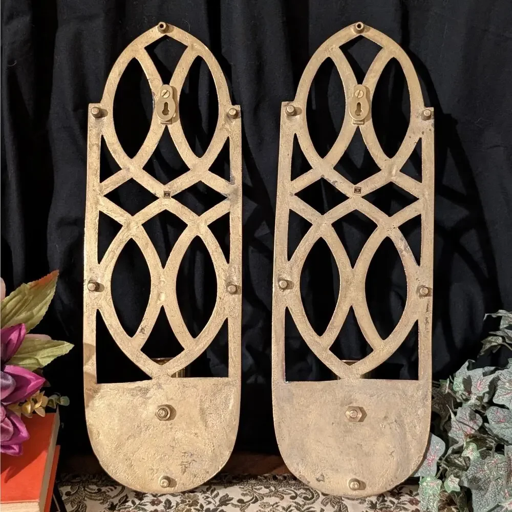 Vintage Solid Brass Wall Sconce Pair Art Deco Geometric Statement Candle Holders